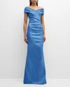 Rickie Freeman For Teri Jon Pleated Off-shoulder Satin Column Gown In Periwinkle