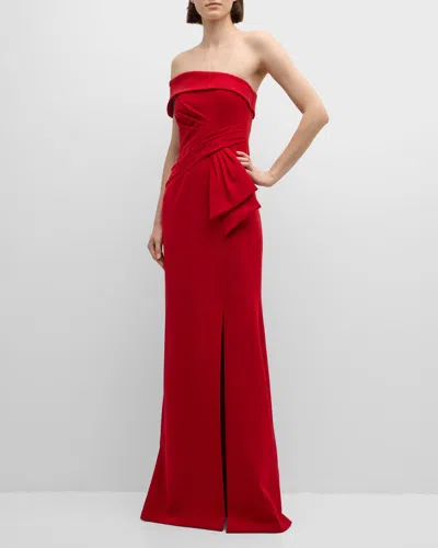 Rickie Freeman For Teri Jon Pleated Off-shoulder Stretch Crepe Gown In Red