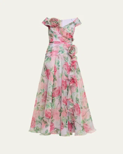 Rickie Freeman For Teri Jon Pleated Off-shoulder Floral-print Organza Gown In Lavender Multi