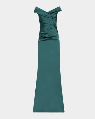 Rickie Freeman For Teri Jon Pleated Off-shoulder Satin Column Gown In Green
