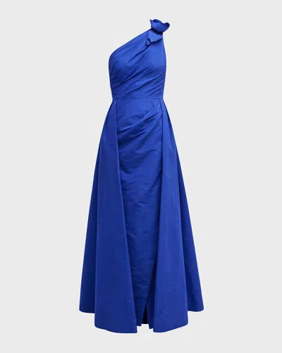 Rickie Freeman For Teri Jon Pleated One-shoulder A-line Gown In Royal Blue