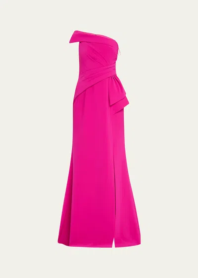 Rickie Freeman For Teri Jon Pleated One-shoulder Crepe Gown In Hot Pink