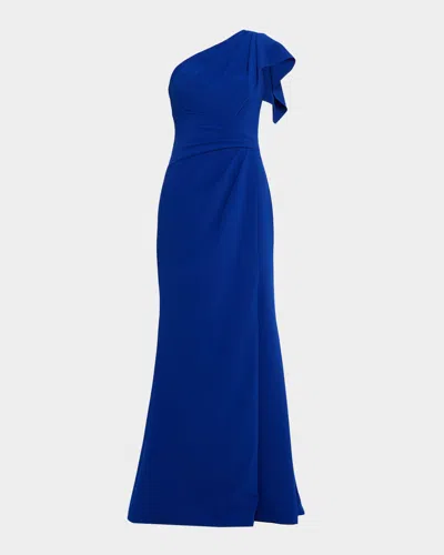 Rickie Freeman For Teri Jon Pleated One-shoulder Stretch Crepe Gown In Blue