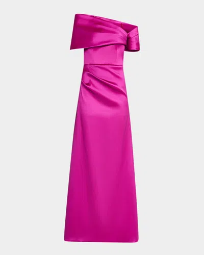 Rickie Freeman For Teri Jon Pleated One-shoulder Stretch Mikado Gown In Raspberry