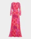 Rickie Freeman For Teri Jon Pleated Patchwork-print Chiffon Maxi Dress In Fucshia Multi