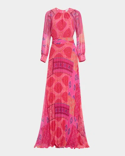 Rickie Freeman For Teri Jon Pleated Patchwork-print Chiffon Maxi Dress In Fucshia Multi