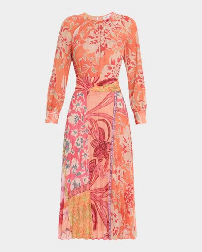 Rickie Freeman For Teri Jon Pleated Patchwork-print Chiffon Midi Dress In  Orange Mul | ModeSens