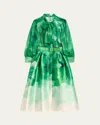 Rickie Freeman For Teri Jon Pleated Tie-neck Mixed Media Midi Shirtdress In Lime Multi