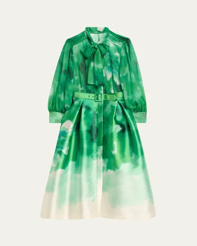 Rickie Freeman For Teri Jon Pleated Tie-neck Mixed Media Midi Shirtdress In Lime Multi