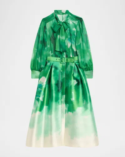 Rickie Freeman For Teri Jon Pleated Tie-neck Mixed Media Midi Shirtdress In Lime Multi