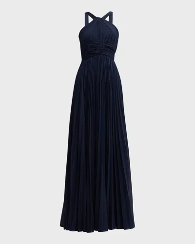 Rickie Freeman For Teri Jon Pleated Twist-front A-line Halter Gown In Blue