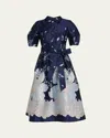 Rickie Freeman For Teri Jon Puff-sleeve Floral Jacquard Midi Shirtdress In Multi
