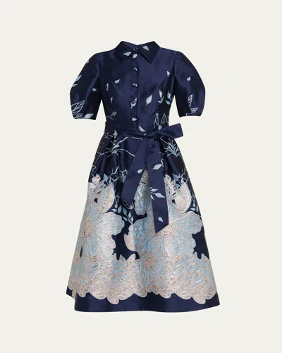 Rickie Freeman For Teri Jon Puff-sleeve Floral Jacquard Midi Shirtdress In Multi
