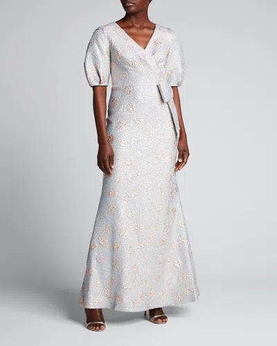 Rickie Freeman For Teri Jon Puff-sleeve Jacquard Mock-wrap Gown In Light Blue/gold