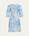 Rickie Freeman For Teri Jon Puff-sleeve Metallic Floral Jacquard Dress In Light Blue Mul
