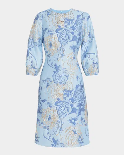 RICKIE FREEMAN FOR TERI JON PUFF-SLEEVE METALLIC FLORAL JACQUARD DRESS