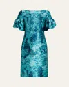 Rickie Freeman For Teri Jon Puff-sleeve Metallic Jacquard Dress In Turq Multi
