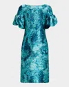 Rickie Freeman For Teri Jon Puff-sleeve Metallic Jacquard Dress In Turq Multi