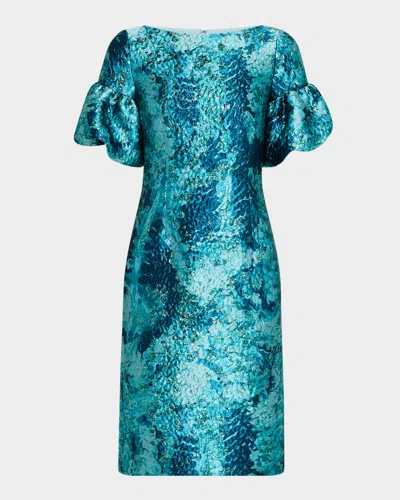 Rickie Freeman For Teri Jon Puff-sleeve Metallic Jacquard Dress In Turq Multi