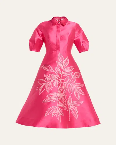 Rickie Freeman For Teri Jon Puff-sleeve Gazar Midi Shirtdress In Pink