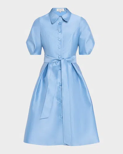 Rickie Freeman For Teri Jon Puff-sleeve Pique Faille Shirtdress In Blue