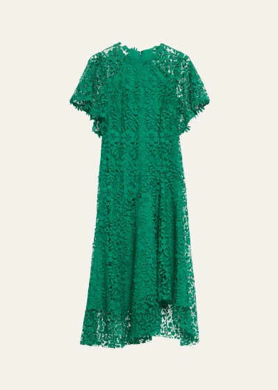 Rickie Freeman For Teri Jon Raglan-sleeve Floral Lace Midi Dress In Kelly Grn