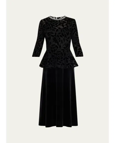 Rickie Freeman For Teri Jon Rhinestone-trim Floral Velvet Crepe Midi Dress In Black