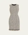 Rickie Freeman For Teri Jon Ribbon-trim Fringed Tweed Dress In Black White