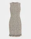 Rickie Freeman For Teri Jon Ribbon-trim Fringed Tweed Dress In Black White