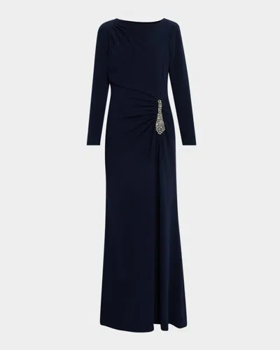 Rickie Freeman For Teri Jon Ruched Crystal-embellished Crepe Gown In Blue