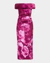 Rickie Freeman For Teri Jon Ruched Floral Off-the-shoulder Midi Dress In Purple