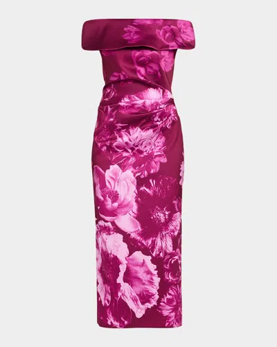 Rickie Freeman For Teri Jon Ruched Floral Off-the-shoulder Midi Dress In Purple