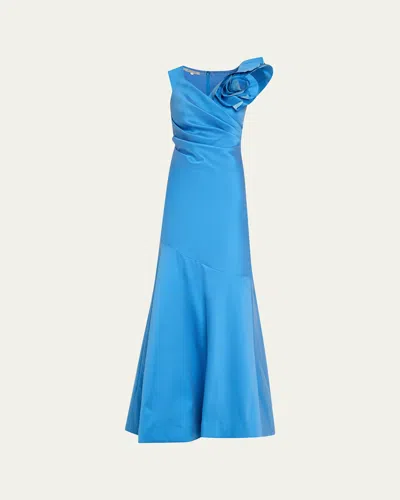 Rickie Freeman For Teri Jon Ruched Flower Applique Gazar Trumpet Gown In French Blue