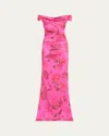 Rickie Freeman For Teri Jon Ruched Off-shoulder Stretch Gazar Gown In Hot Pn Mu