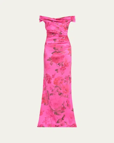 Rickie Freeman For Teri Jon Ruched Off-shoulder Stretch Gazar Gown In Hot Pn Mu