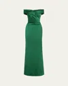 Rickie Freeman For Teri Jon Ruched Off-shoulder Stretch Gown In Emerald