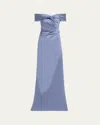 Rickie Freeman For Teri Jon Ruched Off-shoulder Stretch Gown In Slate