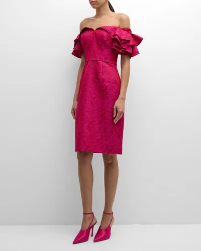 Rickie Freeman For Teri Jon Ruffle Off-shoulder Floral Jacquard Dress In Fucs Red