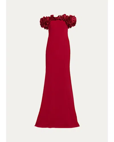 Rickie Freeman For Teri Jon Ruffle Off-shoulder Crepe Gown In Animal Print