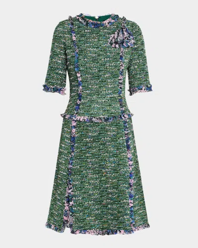 Rickie Freeman For Teri Jon Ruffle-trim Tweed Midi Dress In Green Mult