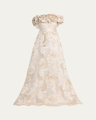 Rickie Freeman For Teri Jon Ruffled Off-shoulder Metallic Jacquard Gown In Neutral