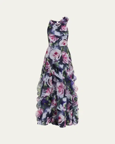 Rickie Freeman For Teri Jon Ruffle-trim Floral Chiffon Halter Gown In Multi