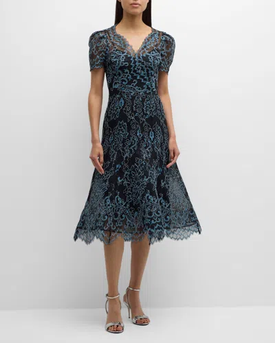 Rickie Freeman For Teri Jon Scalloped Embroidered Lace Midi Dress In Black Blue