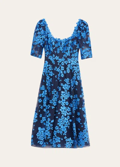 Rickie Freeman For Teri Jon Scoop-neck Floral Lace Midi Dress In Blue