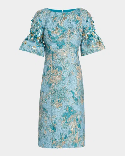 Rickie Freeman For Teri Jon Sequin-embellished Metallic Jacquard Dress In Aqua Multi