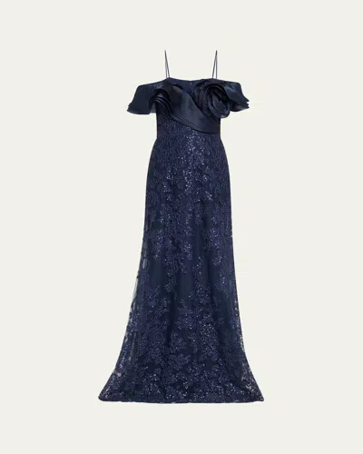 Rickie Freeman For Teri Jon Sequin Embroidered Organza & Tulle Gown In Blue