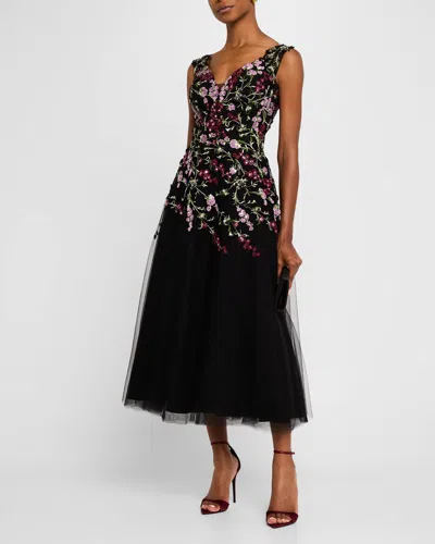 Rickie Freeman For Teri Jon Sequin Embroidered Tulle Midi Dress In Black Mult