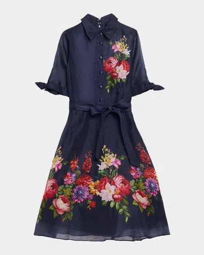 Rickie Freeman For Teri Jon Silken Linen Floral-print Shirtdress In Multi