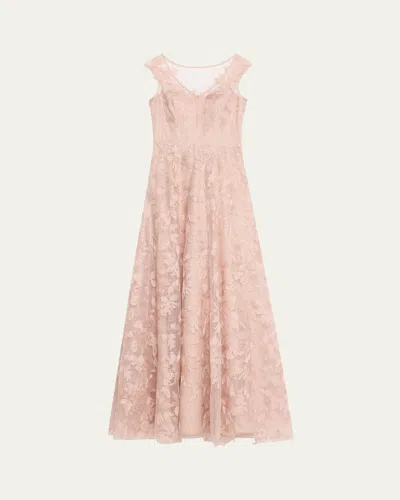 Rickie Freeman For Teri Jon Sleeveless Embroidered Floral Applique Gown In Blush Pink