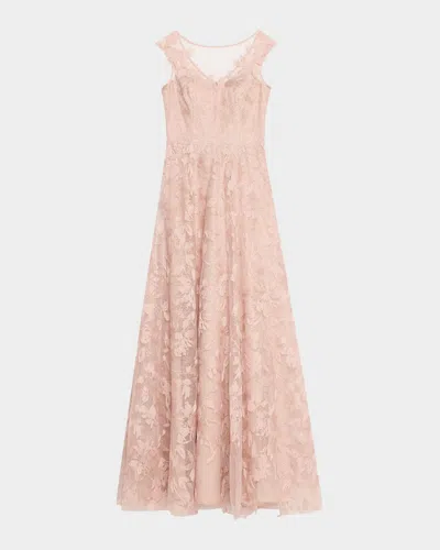 RICKIE FREEMAN FOR TERI JON SLEEVELESS EMBROIDERED FLORAL APPLIQUE GOWN